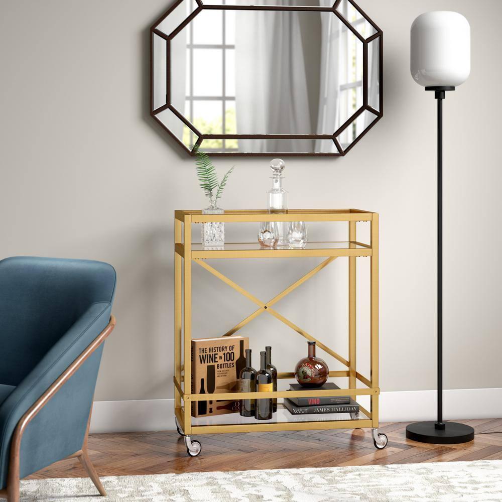 Maklaine Contemporary 36" X-Accent Metal Bar Cart in Brass Finish