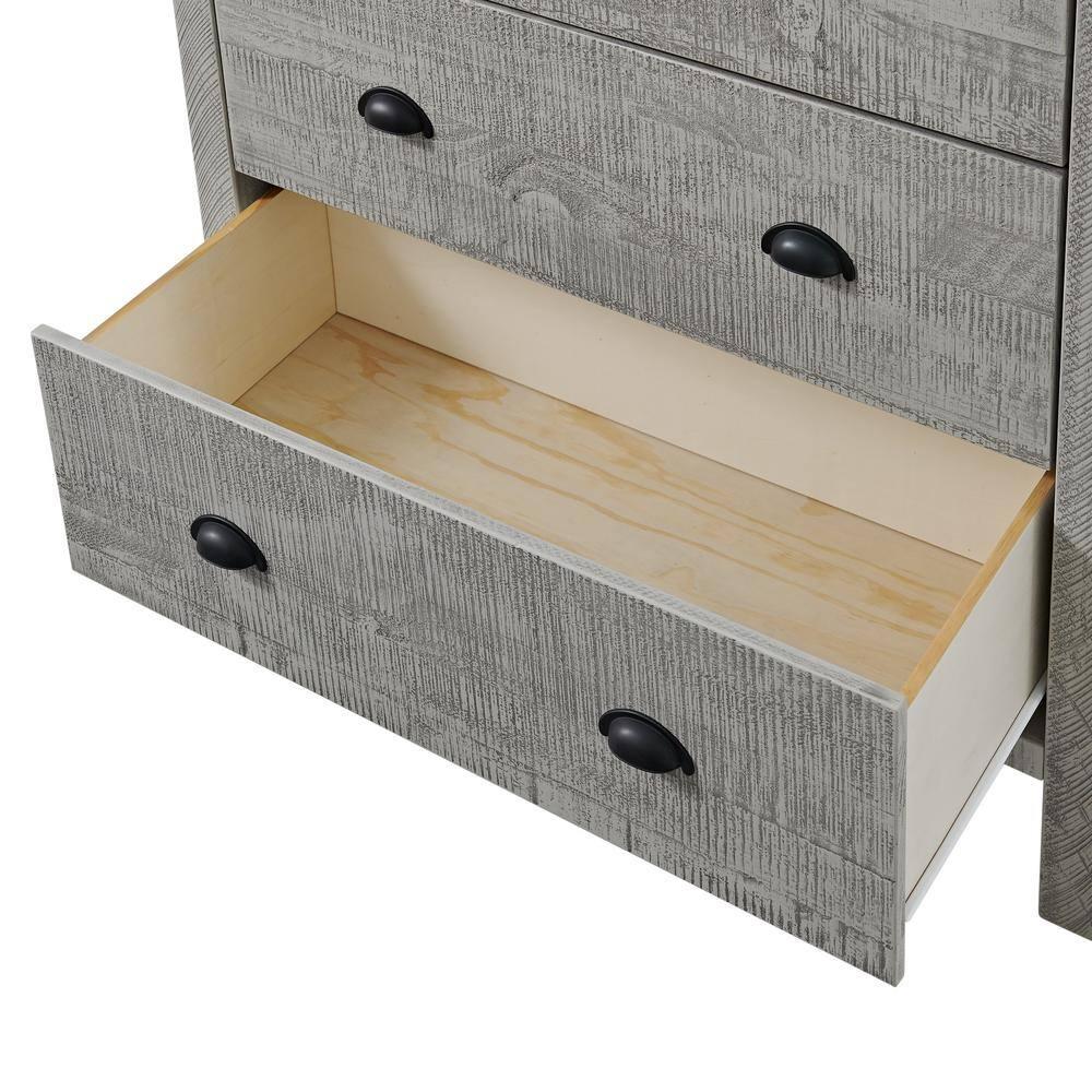 Arden 5-Piece King Bedroom Furniture Set w/ King-Sized Bed, 2x 2-Drawer Nightstands, 5-Drawer Chest & 6-Drawer Double Dresser, Solid Wood Set, Metal Bar Handles & Elegant Light Driftwood Finish