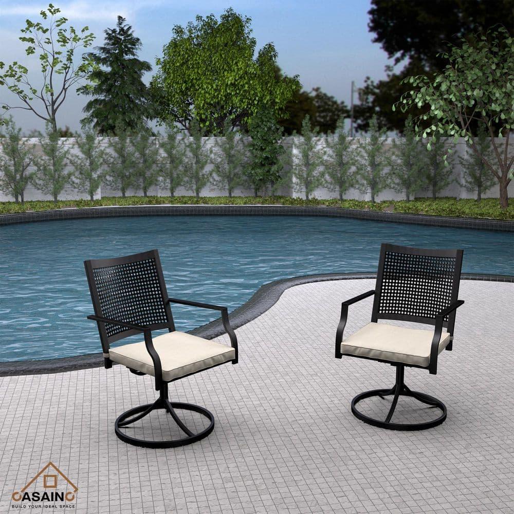 CASAINC Outdoor Iron Frame Swivel Dining Chair with Cushions (Set of 2)