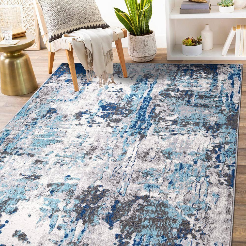 World Rug Gallery Distressed Modern Abstract Indoor Area Rug - Blue 7'10" x 10':  Stain-Resistant,  Low Pile,  Machine Made
