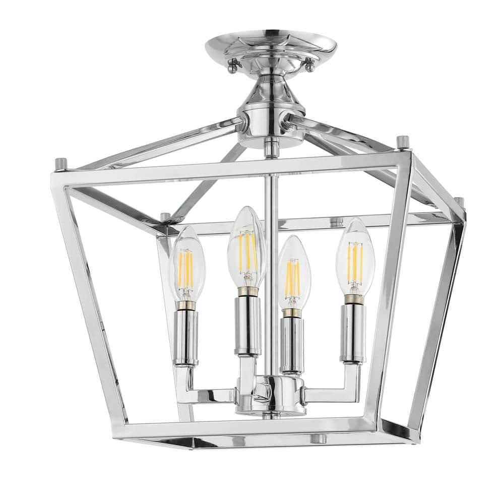 Plains Mini Lantern 12 in. 4-Light Chrome Iron Modern Farmhouse LED Flush Mount