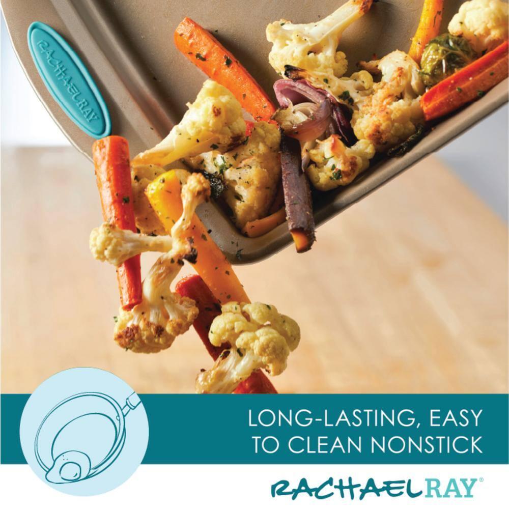 Rachael Ray 47578 Cucina Nonstick Bakeware Set with Grips Includes Nonstick Bread Pan, Baking Sheet, Cookie Sheet, Baking Pans, Cake Pan and Muffin Pan - 10 Piece, Latte Brown with Agave Blue Grips