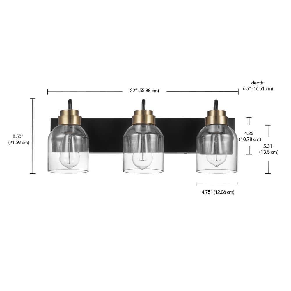 22 in. 3-Light Matte Black Vanity Light with Matte Brass Accents and Glass Shades