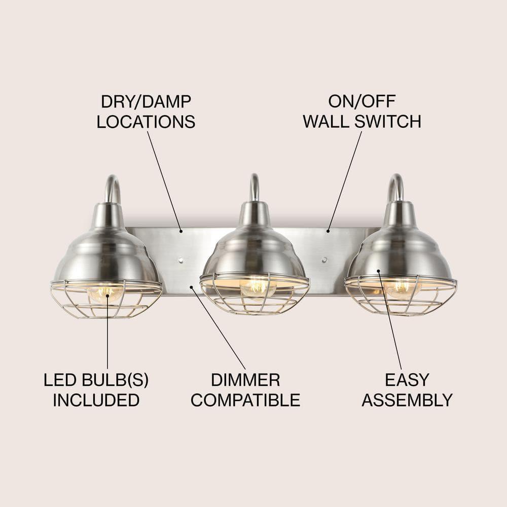 BEAUTY DEPOT 24.5" 3-Light Industrial Farmhouse Vanity Light, Nickel Finish, Led Bulbs Included, Modern Rustic Bathroom, Hallway, Living Room, Bedroom Mirror Cabinet Lighting