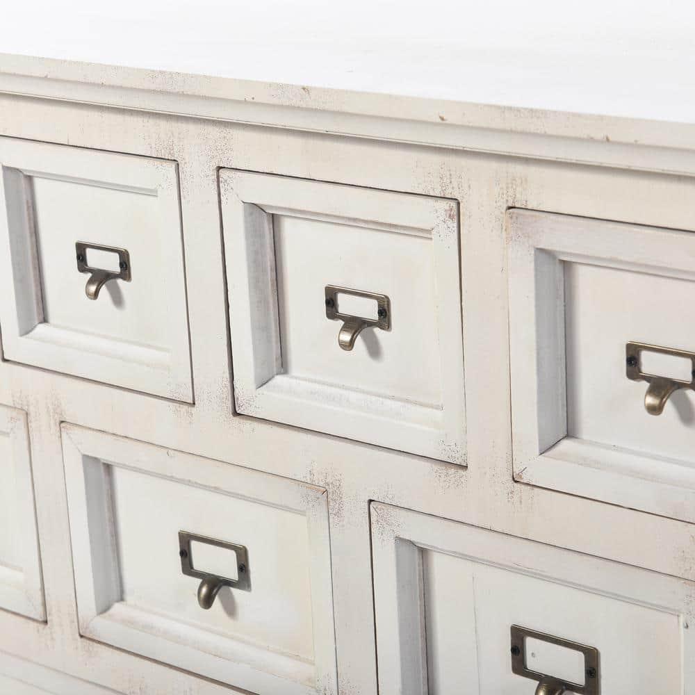Antique White Distressed 15-Drawer Light Wood Apothecary Cabinet