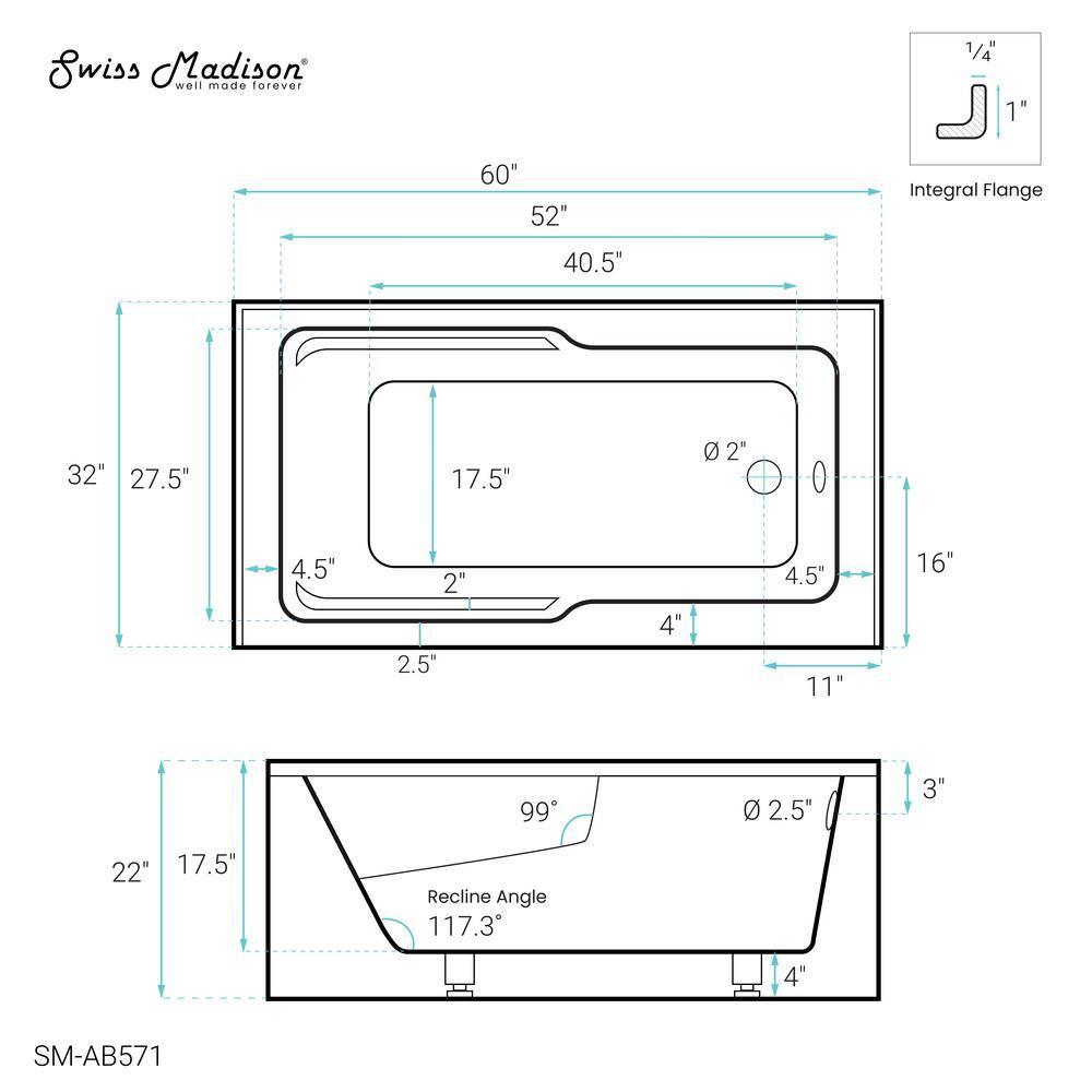 Claire 60" x 32" Alcove Tub with Corner Apron