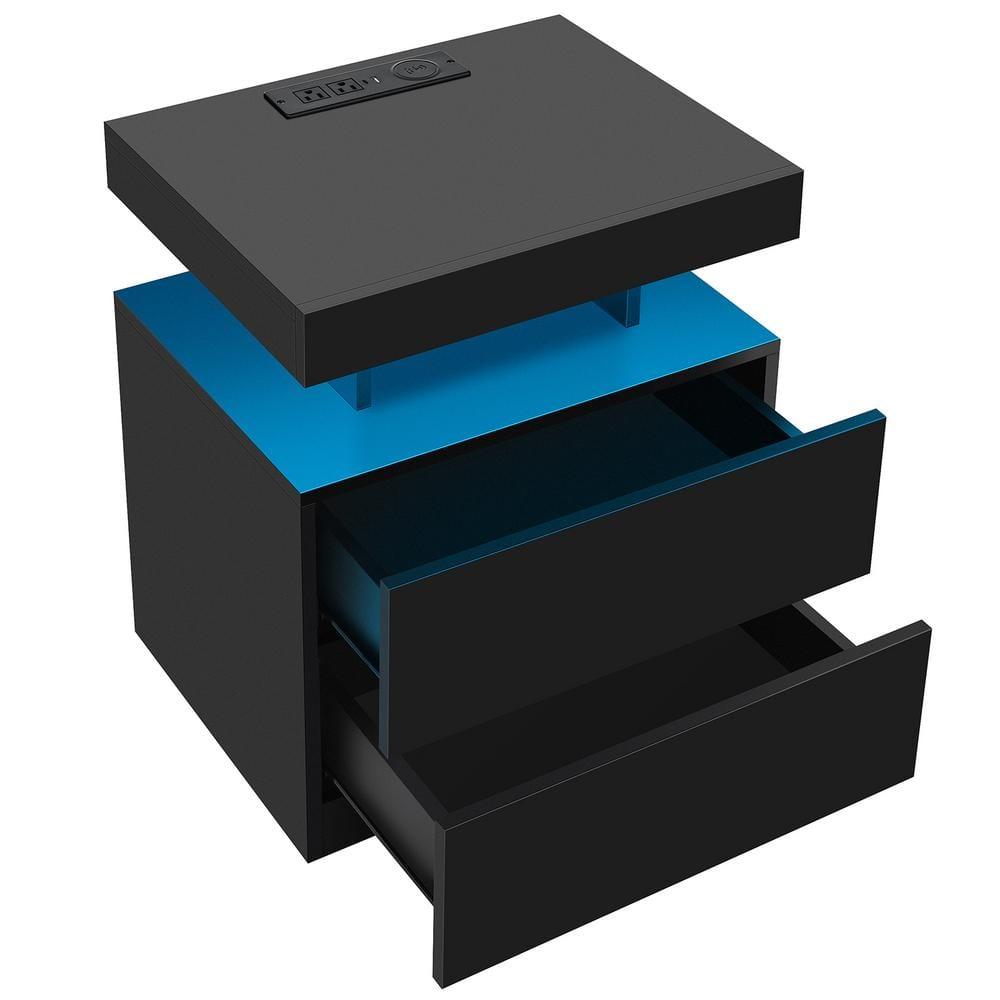 Black Nightstand with Wireless Charging Station and LED Lights, Bedside Table with 2 Drawers, Open Storage, 1 Pull-Out Tray, End Side Table with Storage