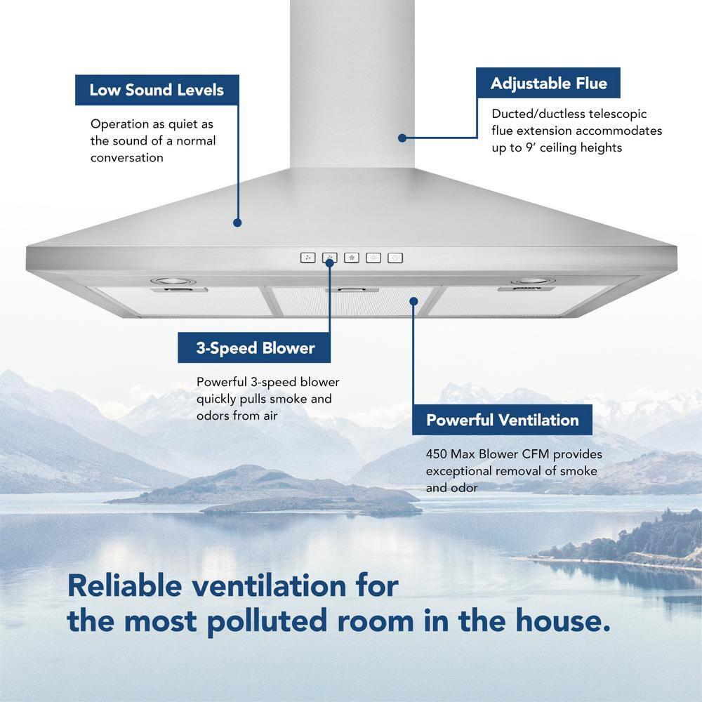 Broan-NuTone BWP1364SS Pyramidal Range LED Lighting Convertiable Wall-Mount Kitchen Chimney Vent Hood, 36-Inch, Stainless Steel