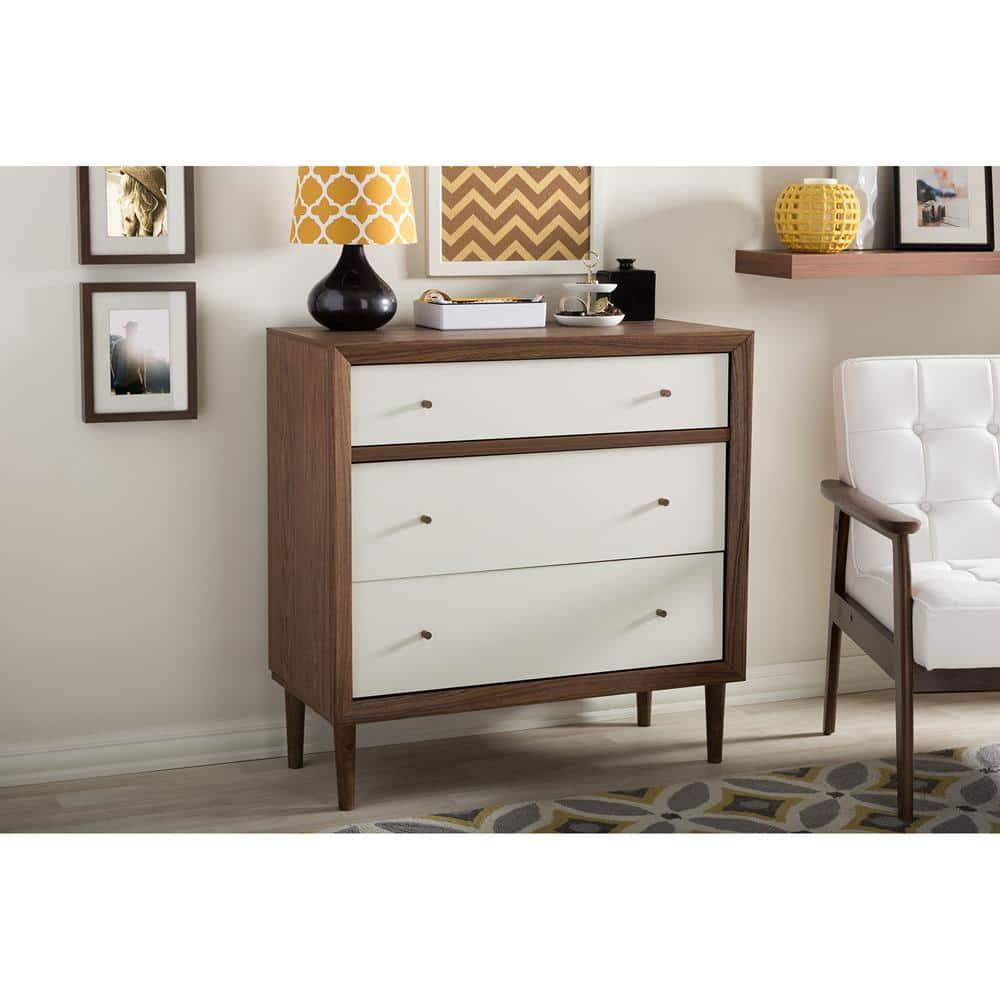 Baxton Studio Harlow Mid-Century Modern Scandinavian Style Wood 3 Drawer Chest White/Walnut : Rubberwood Frame, Spot Clean
