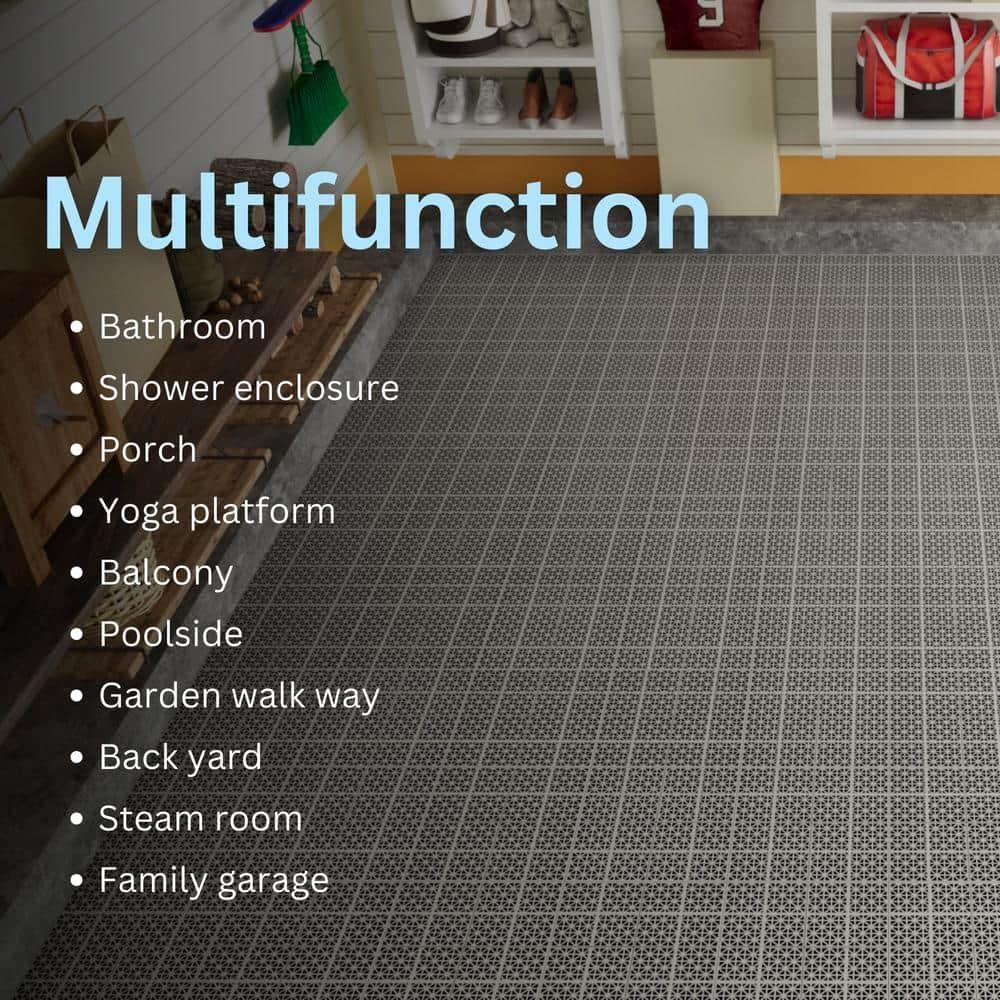 LoLado 12Pcs Plastic Interlocking Deck Tiles 12" x 12" Rosette Pattern Waterproof Outdoor All Weather Anti-slip Tiles for Bathroom Shower Balcony Porch, Gray