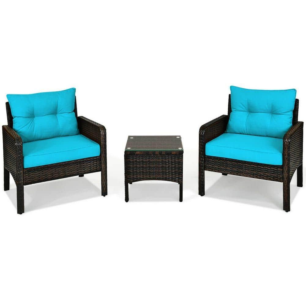YYAo Garden Conversation Table Set, Conversation Loveseat Chairs Set, 3 Pcs Outdoor Patio Rattan Conversation Set with Seat Cushions-Turquoise