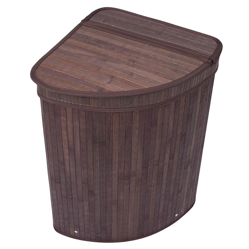 Espresso Bamboo Corner Laundry Hamper with Lid and Cloth Liner