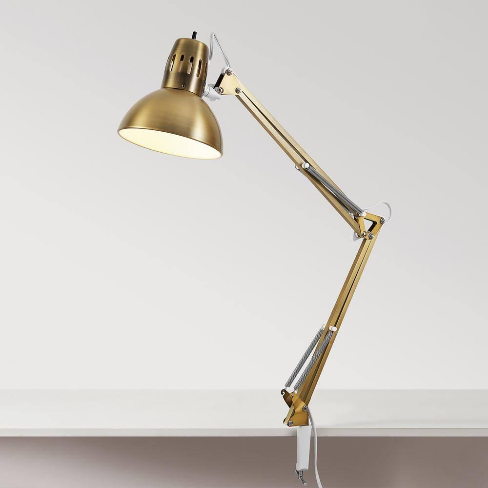 Globe Electric 62000010 32" Multi-Joint Desk Lamp with Metal Clamp, Matte Brass, White Accents, On/Off Rotary Switch on Shade, Partially Adjustable Swing Arm, Home Décor, Office Accessory