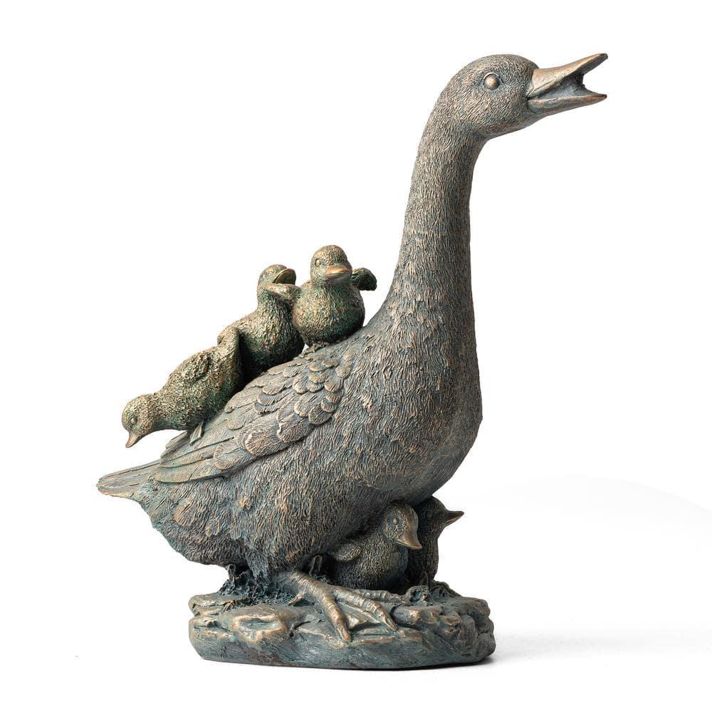 15" Aged Bronze Duck Family Garden Statue
