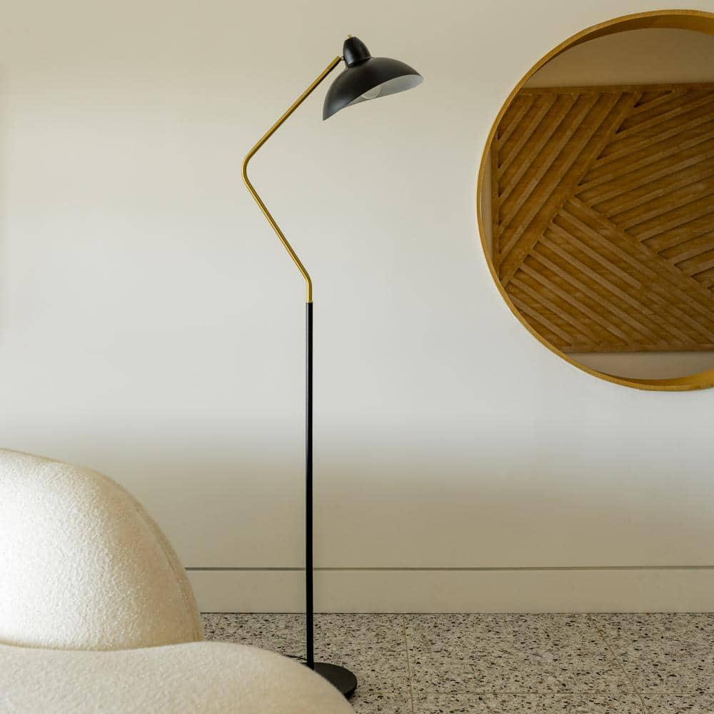 Brightech Swoop 69 in. Mid Century Modern Adjustable Curved Black Standing Lamp with Metal Bowl Shade and Gold Finish - LED Bulb Included