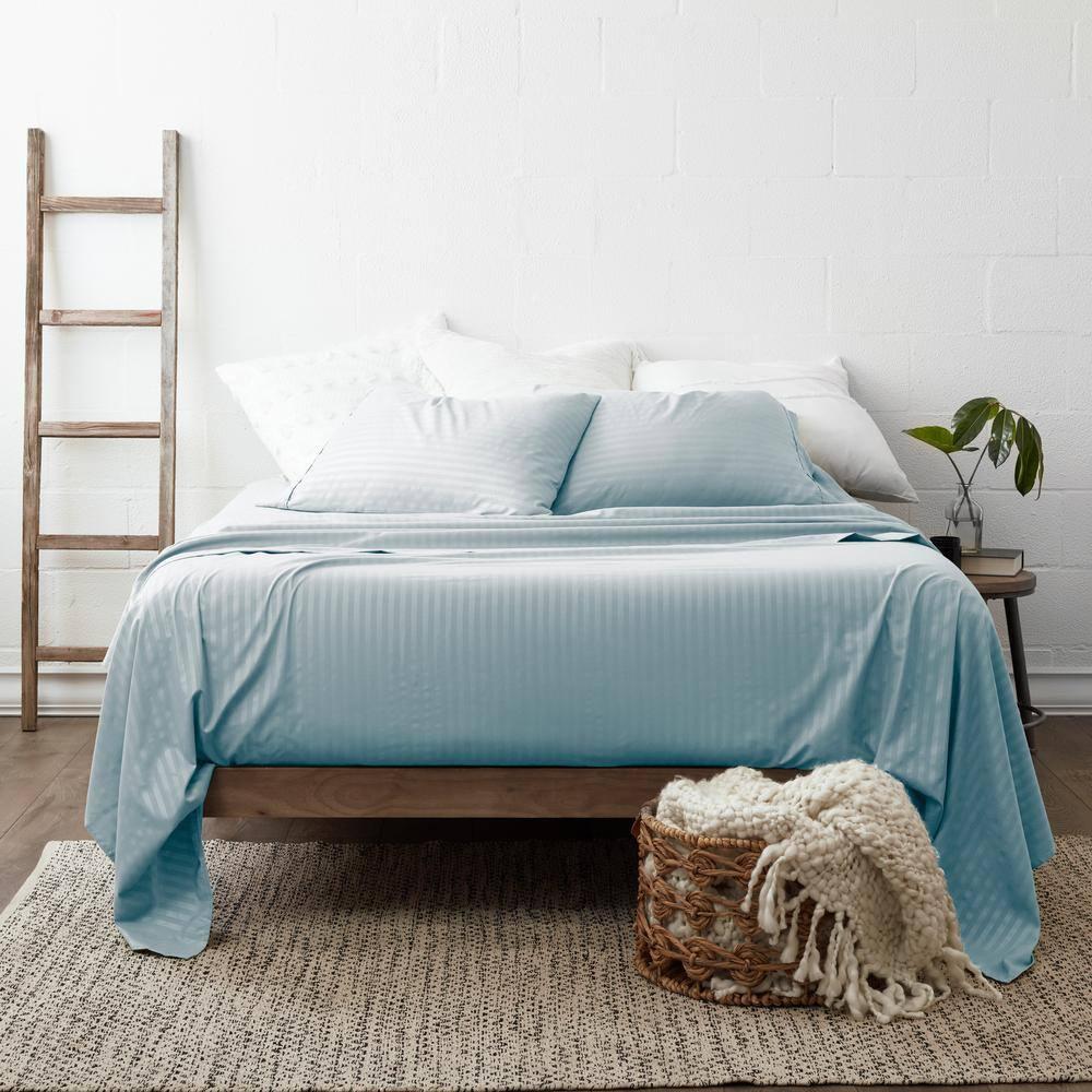 California King Aqua Striped Microfiber 4-Piece Sheet Set