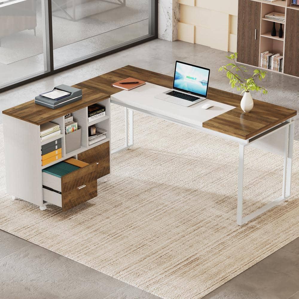 Capen 63 in. L-Shaped Oak Karo and White Wood Executive Desk with Mobile Storage Drawers L-Shaped Computer Desk
