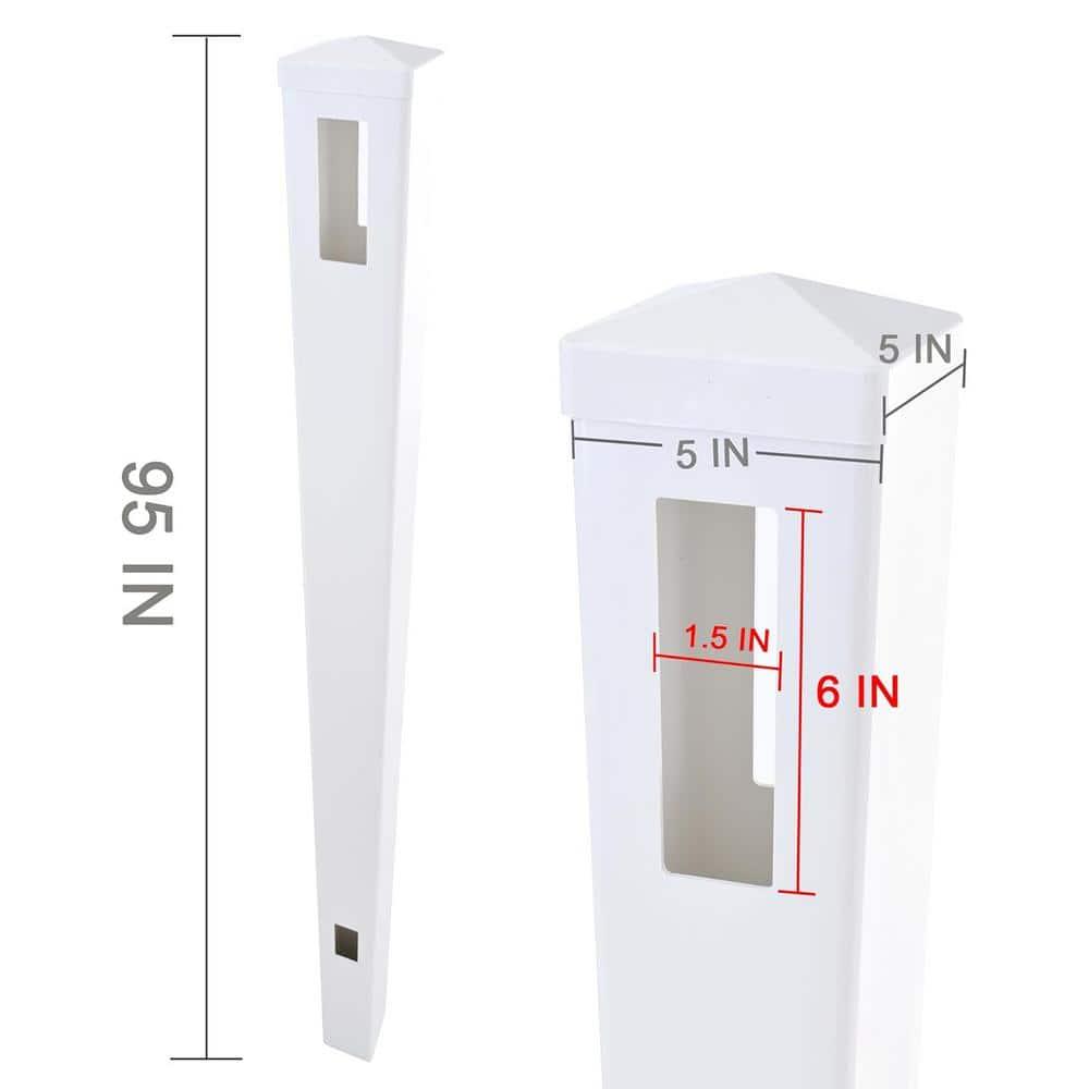 Vinyl Garden Line Fence Post, for 6ft (72" W x 72" H) Height,Caps Included Vinyl White (5" W x 95" H), Set of 2