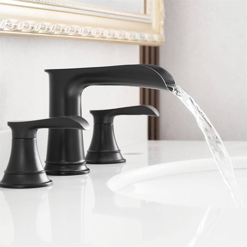 Bathroom Faucet 3 Hole Black, 8 inch Widespread Bathroom Faucet Waterfall Face Basin Faucet for Bathroom Sink, Matte Black (A.Matte Black)