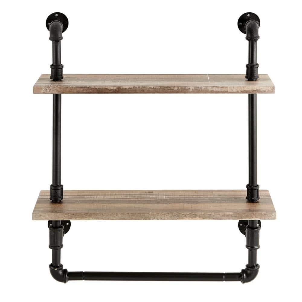 Danya B. 2-Tier Olivia Pipe Wall Shelf Unit with Hanging Rod Black/Rustic: Laminated Iron Storage, Includes Mounting Hardware