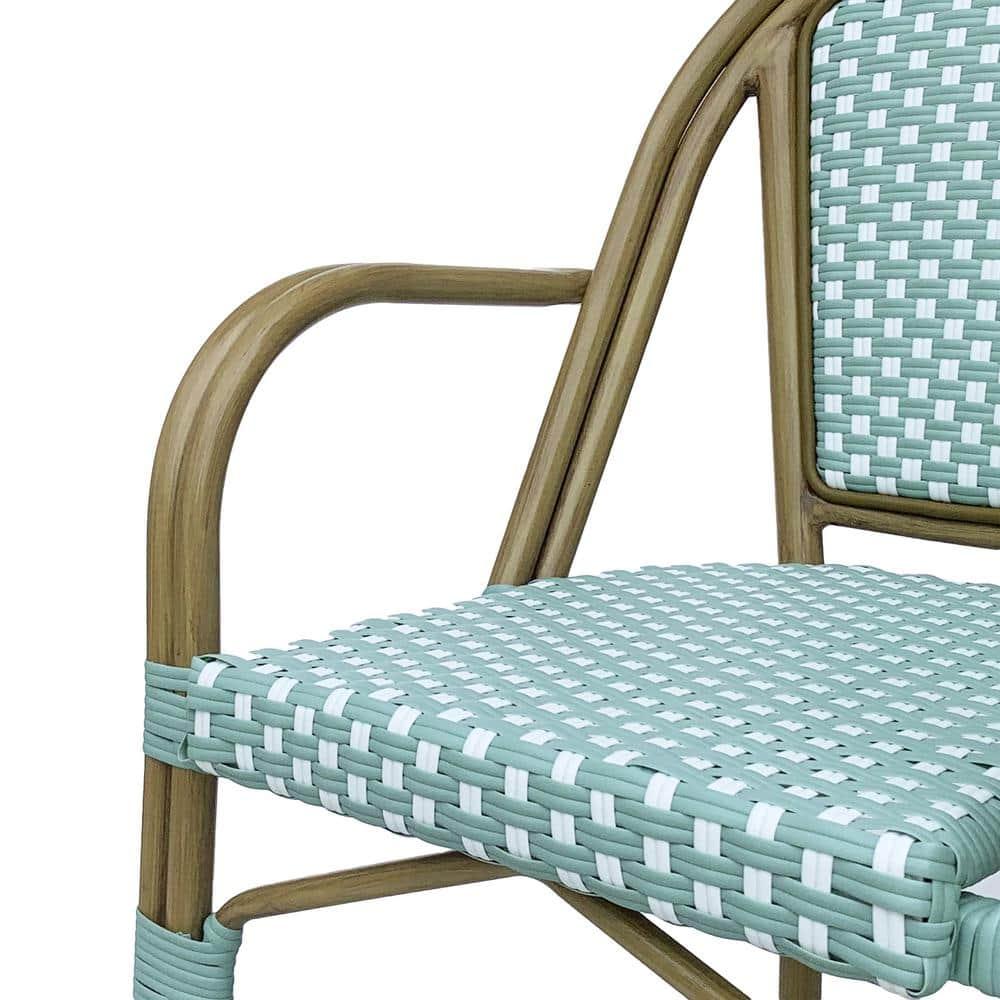 Cecil Aluminum and Wicker Outdoor French Bistro Chairs, Set of 2, Light Teal, White, and Wood Print