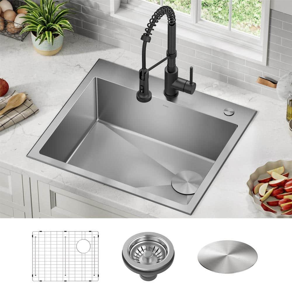 Kraus KHT411-25 Standart Pro Drop-in Topmount 16 Gauge Single Bowl 2-Hole Stainless Steel Set (5 Item Bundle: Sink, Bottom Grid, Assembly, Drain Cap, Kitchen Towel), 25 Inch, Tight Radius