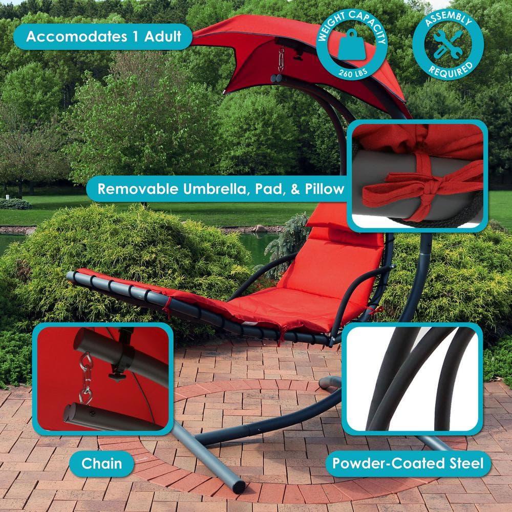 Sunnydaze Outdoor Hanging Chaise Floating Lounge Chair with Canopy Umbrella and Arc Stand, Burnt Orange