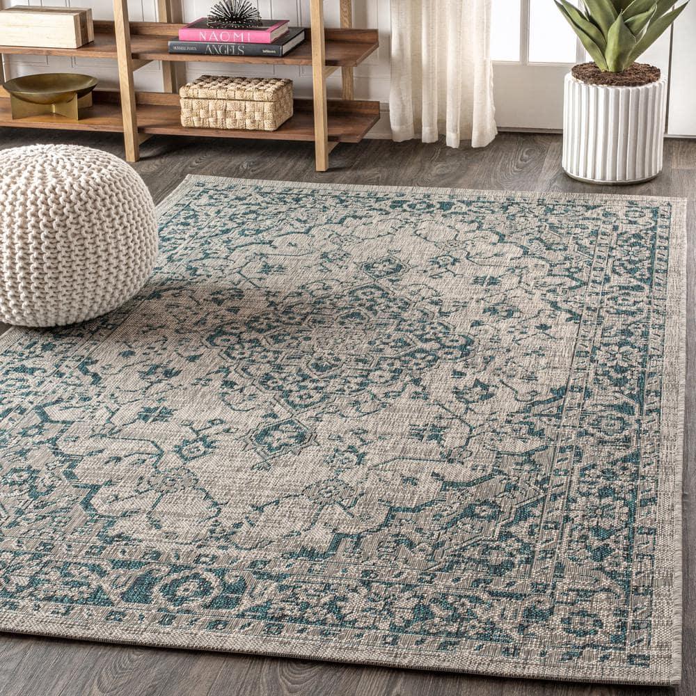 5' Square Rozetta Boho Medallion Textured Weave Indoor/Outdoor Area Rug, Gray/Teal - JONATHAN Y