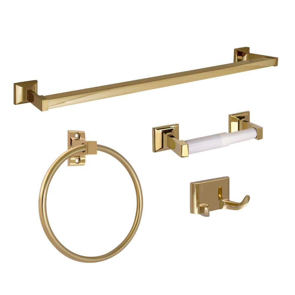 4pc Millbridge Bathroom Accessory Kit Polished Brass - Design House: Zinc Bath Hardware Set with Towel Bar & Ring