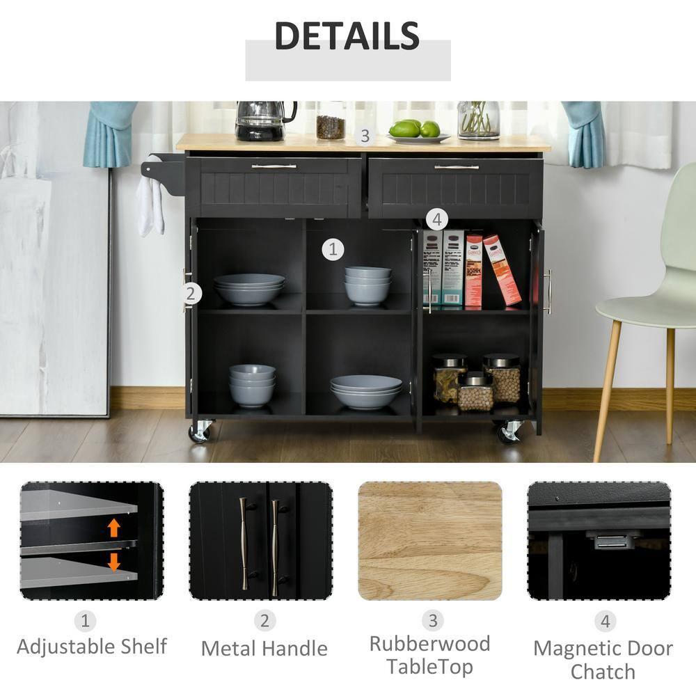 HOMCOM Modern Kitchen Island Cart on Wheels with Storage Drawers, Rolling Utility Cart with Adjustable Shelves, Cabinets and Towel Rack, Black