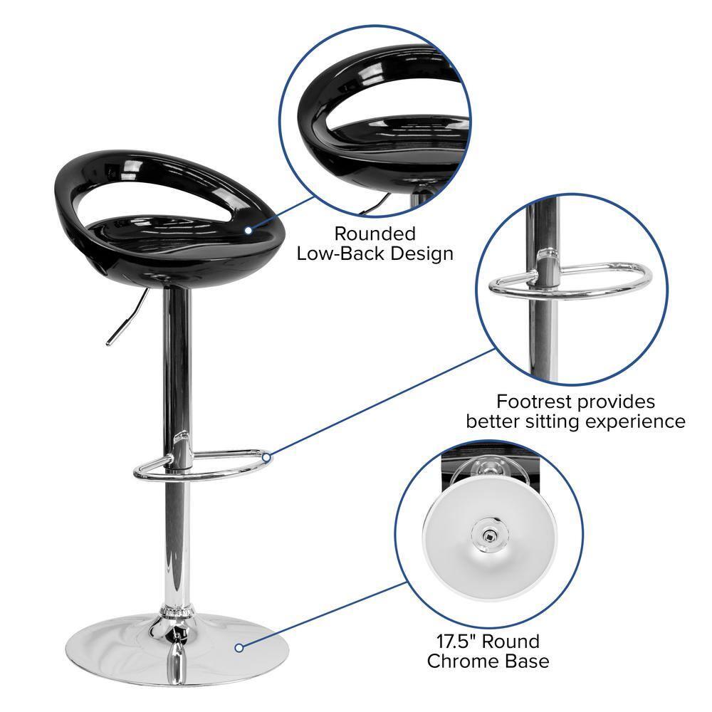 Flash Furniture Contemporary Black Plastic Adjustable Height Barstool with Rounded Cutout Back and Chrome Base