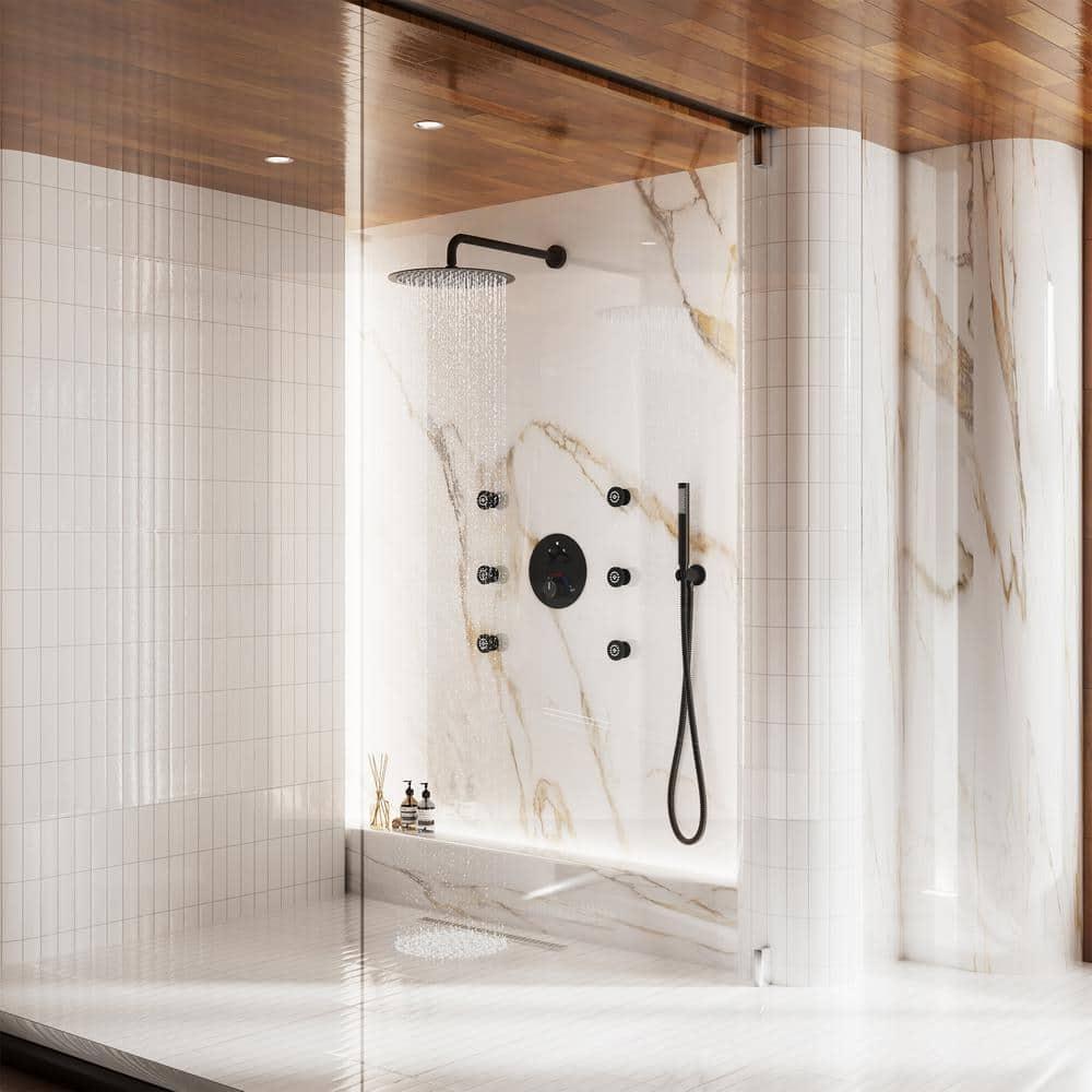 CASAINC Wall Mounted Thermostatic Complete Rainfall Shower System with 6 Body Jets and Rough-in Valve CS6823-12MB