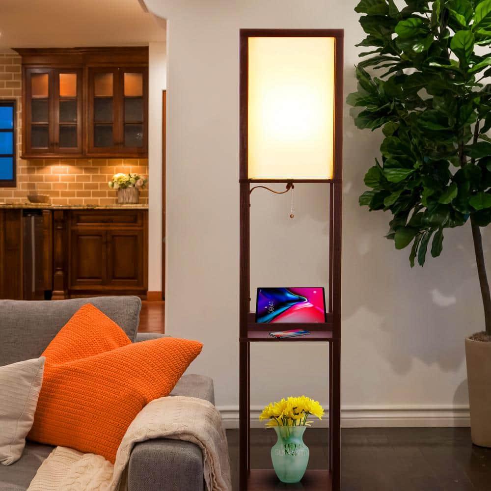 Brightech Maxwell 63 in. 3-Shelf Modern USB and Wireless Charging LED Floor Lamp with Fabric Square Shade