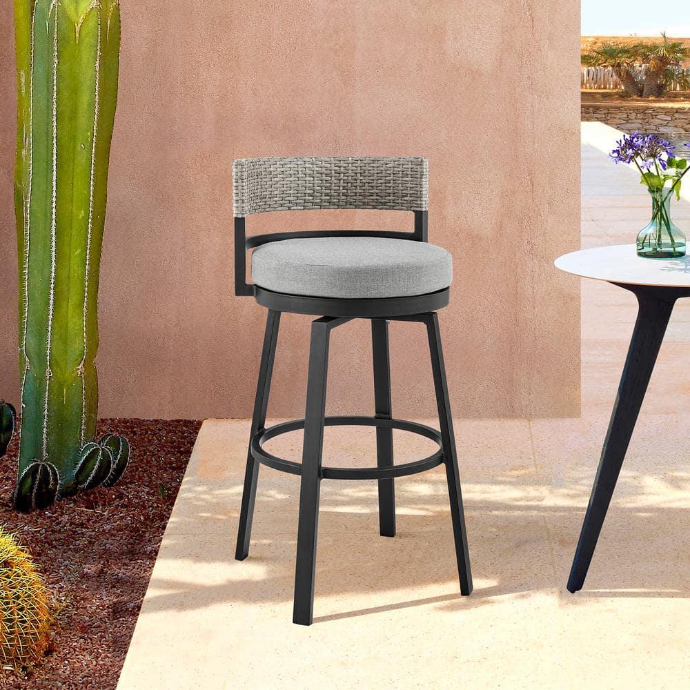 33 x 22 x 22 in.Encinitas Outdoor Patio Counter or Bar Height Bar Stool in Aluminum with Wicker and Grey Cushions