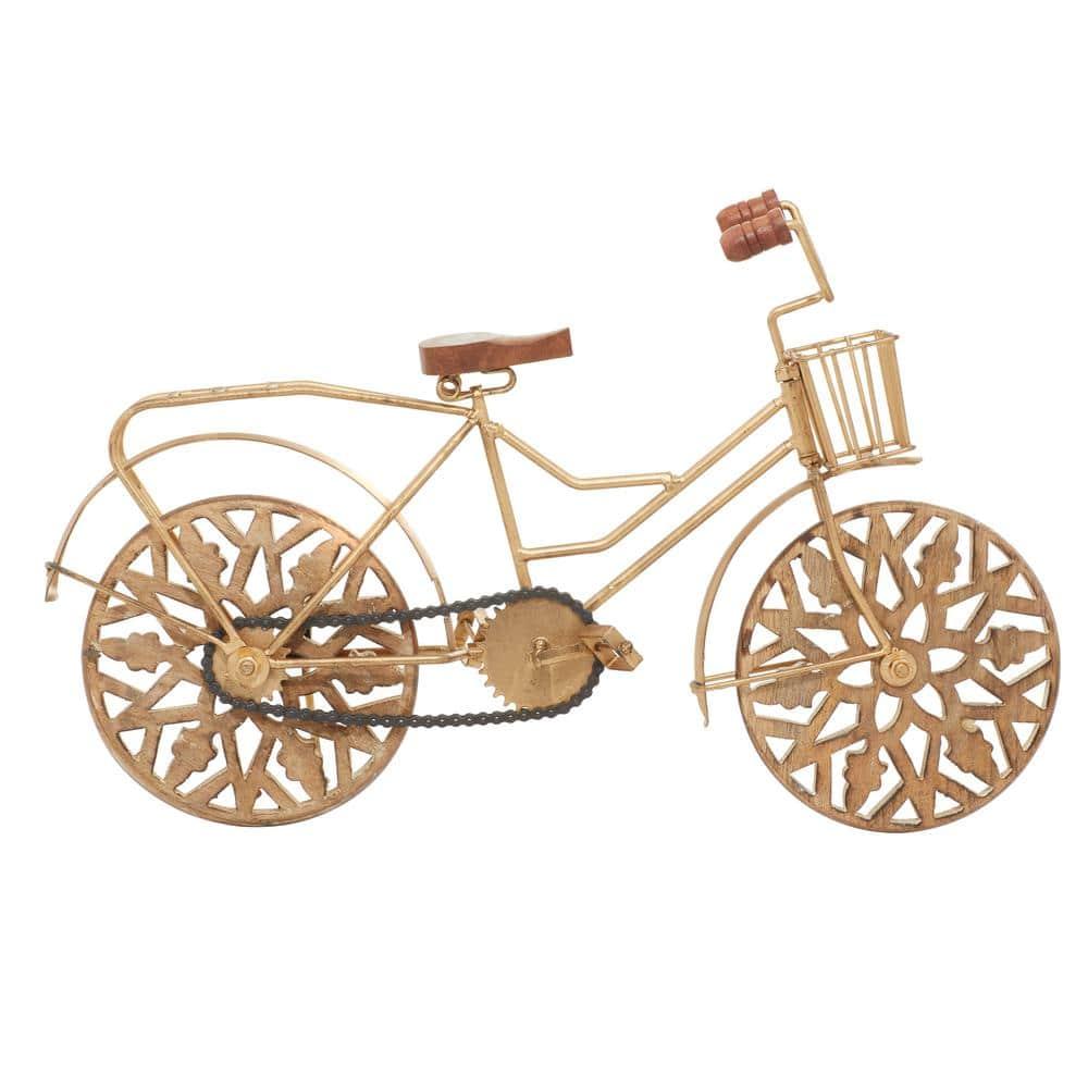 19" x 12" Gold Metal Bike Sculpture with Carved Wood Wheels, by DecMode