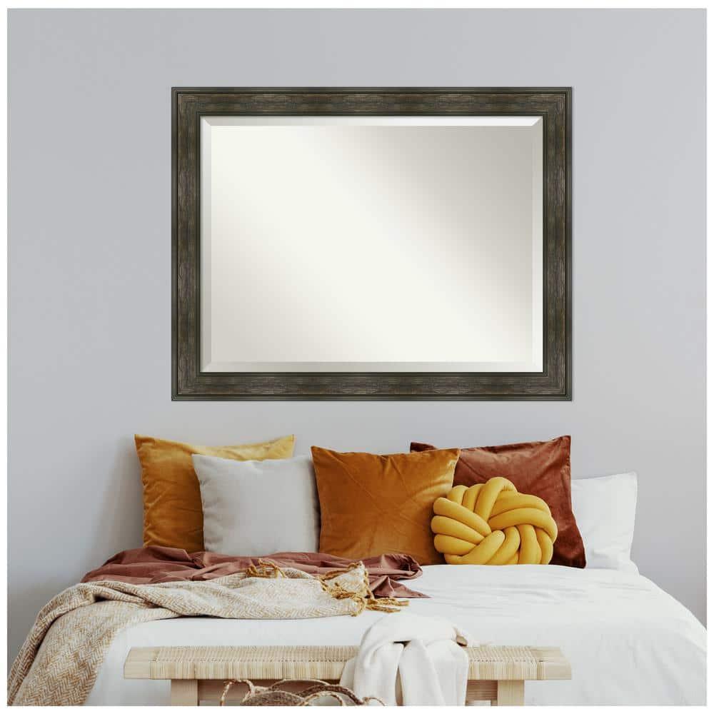 Amanti Art Beveled Bathroom Wall Mirror - Rail Rustic Char Frame - Rail Rustic Char Outer Size: 46 x 36 in