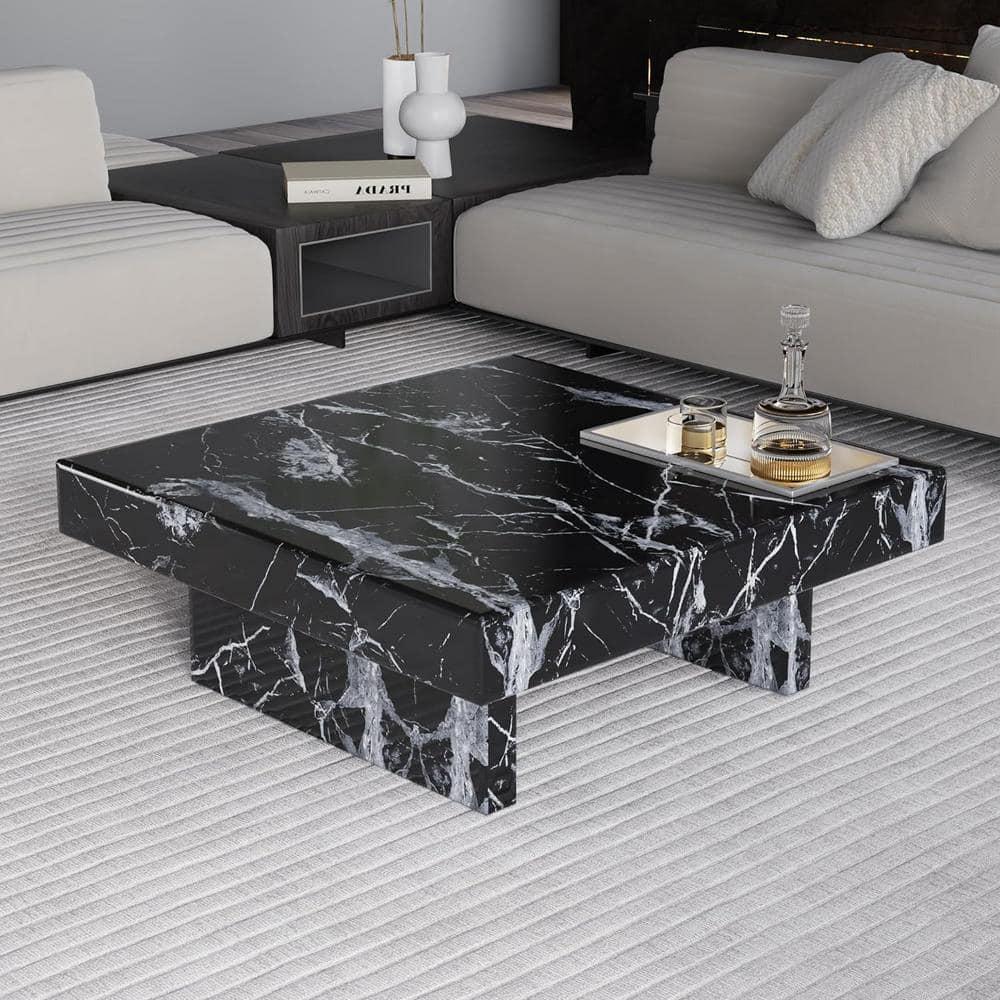Sudica Compact Marble Coffee Table, 31" Square Center Table with Stainless Steel Storage for Living Room(Black)