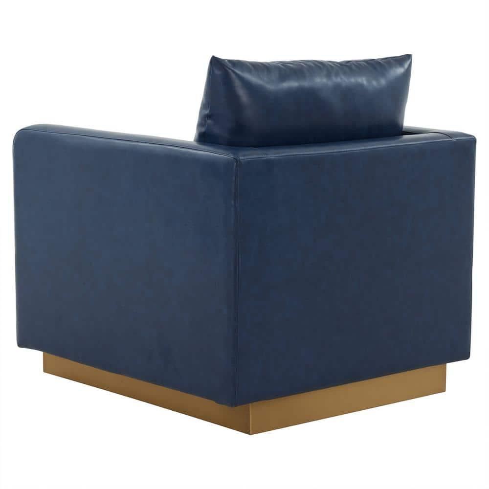 LeisureMod Nervo Modern Leather Upholstered Accent Arm Chair With Gold Frame in Navy Blue