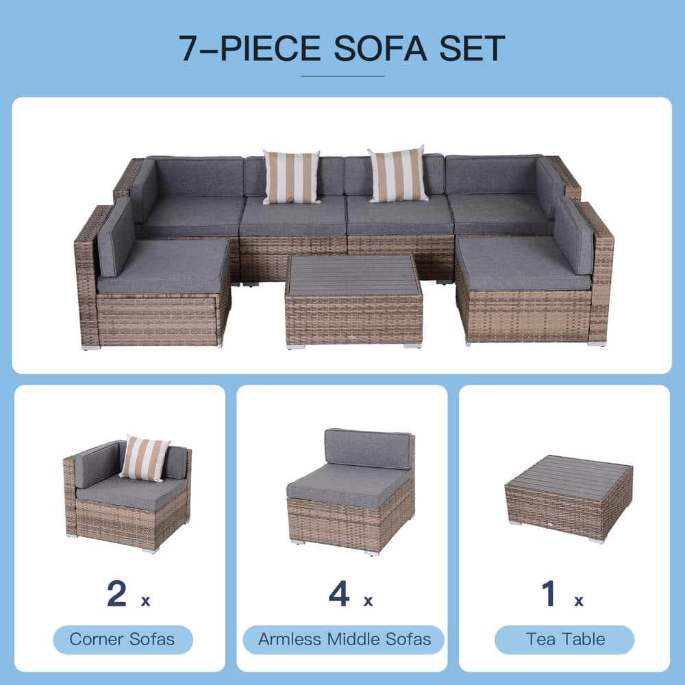 Outsunny 7-Piece Patio Furniture Set, Outdoor Wicker Conversation Set, All Weather PE Rattan Sectional Sofa w/ Faux Wood Table, Stripe Pillows, Gray