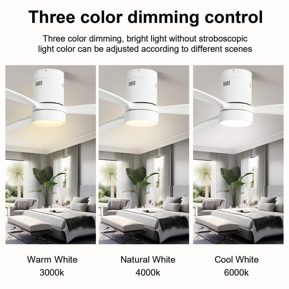 Sofucor 52 inch Wood Low Profile White Ceiling Fans with Lights and Remote, Modern Flush Mount Quiet Ceiling Fan for Bedroom, Reversible DC Moto