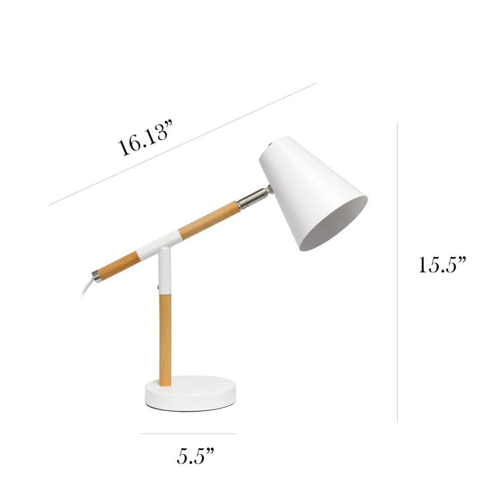 Simple Designs Wooden Pivot Desk Lamp White: ETL Listed, Adjustable Neck, Metal Shade, No Assembly Required