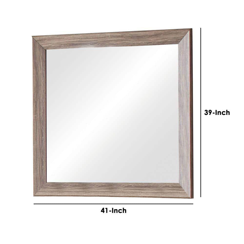 Benjara Mirror with Rectangle Wooden Frame and Washed Look, Brown