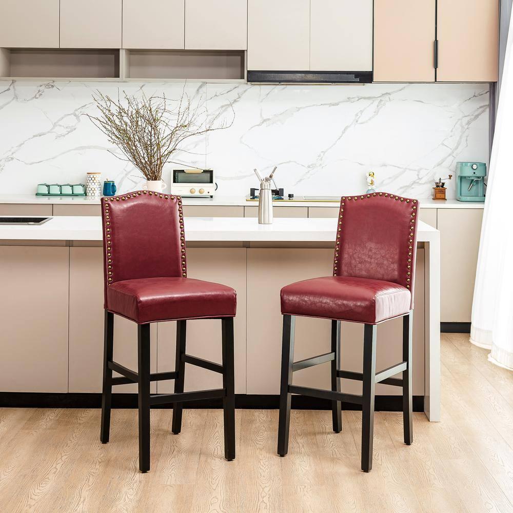 Set of 2 Upholstered PU Barstools with Studded Decor - Glitzhome