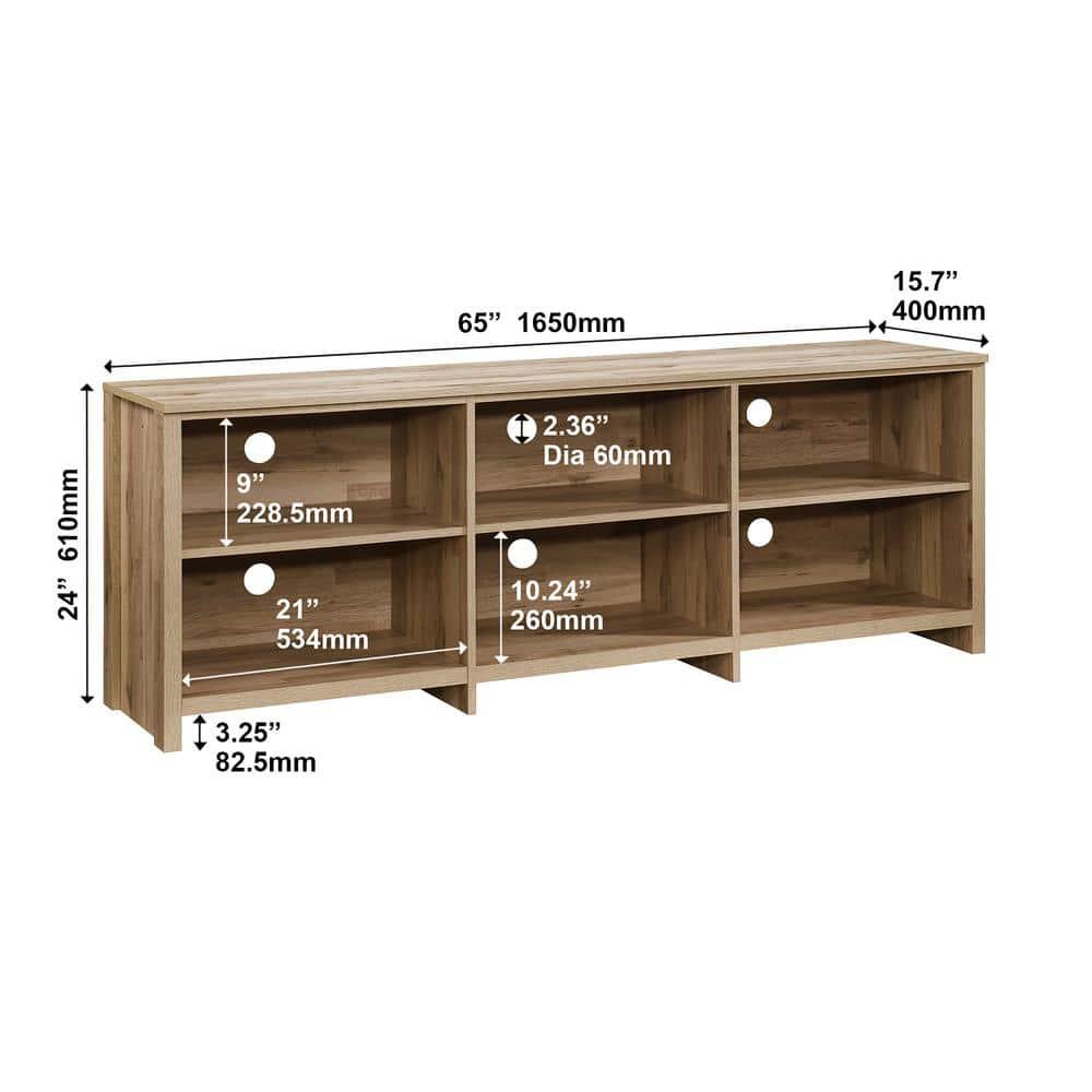 AndMakers 65 in. Modern Oak TV Stand For TVs Up To 62" With 6 Open Shelves, Modern Entertainment Center With Storage, TV Console Table