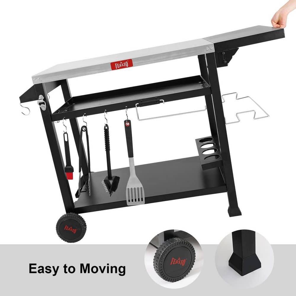 Feasto 3-Tier Stainless Steel Grill Cart - 40" Outdoor Pizza Oven Stand with Wheels, Mobile Kitchen Island for BBQ & Food Prep
