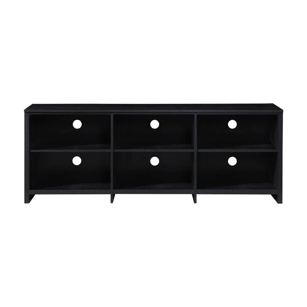 AndMakers 65 in. Modern Black Oak TV Stand For TVs Up To 62" With 6 Open Shelves, Modern Entertainment Center With Storage, TV Console Table