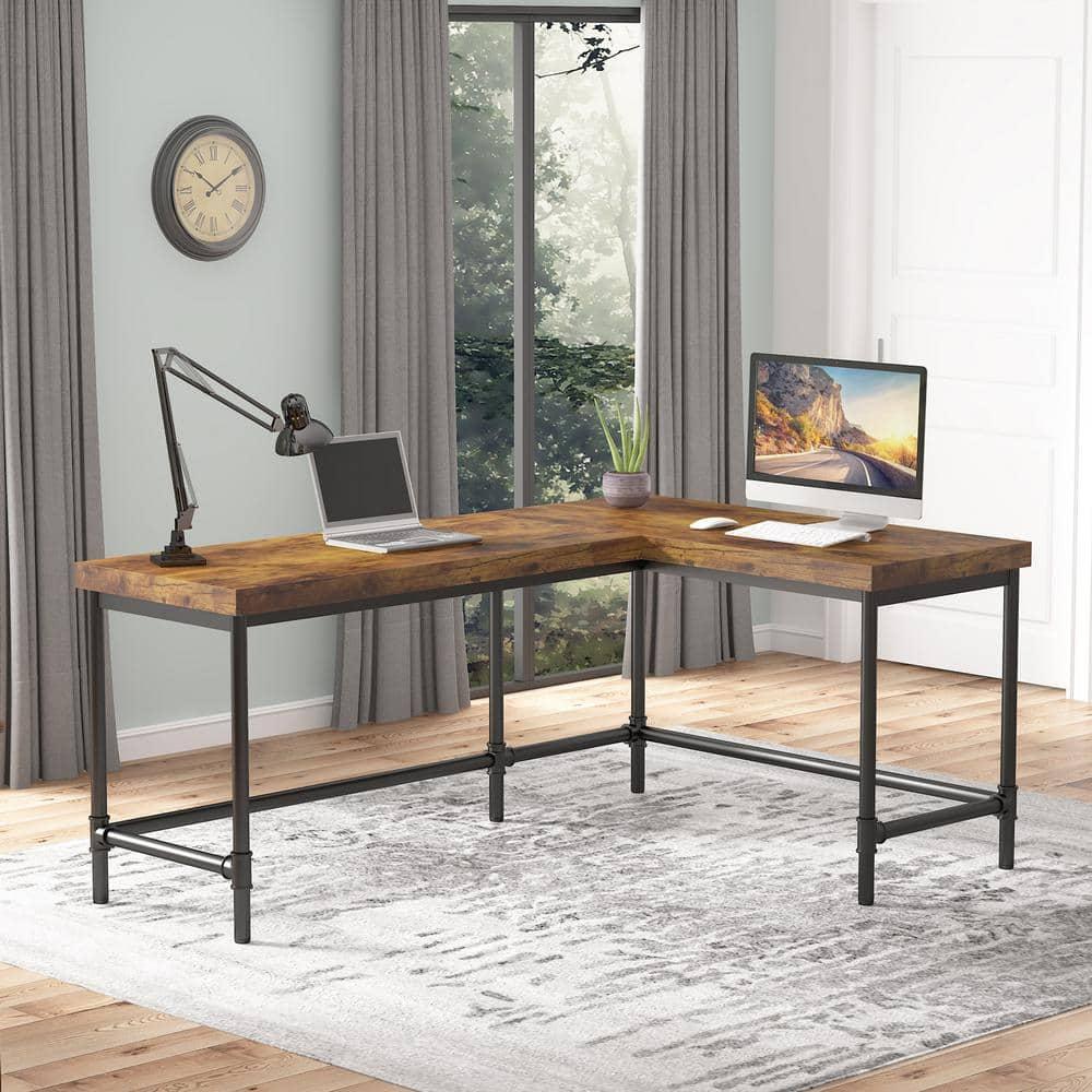 Tribesigns 67 inch L-Shaped Desk,Industrial L Desk, Reversible Corner Computer Office Desk Study Table Workstation with Pipe Legs for Home Office(Brown)