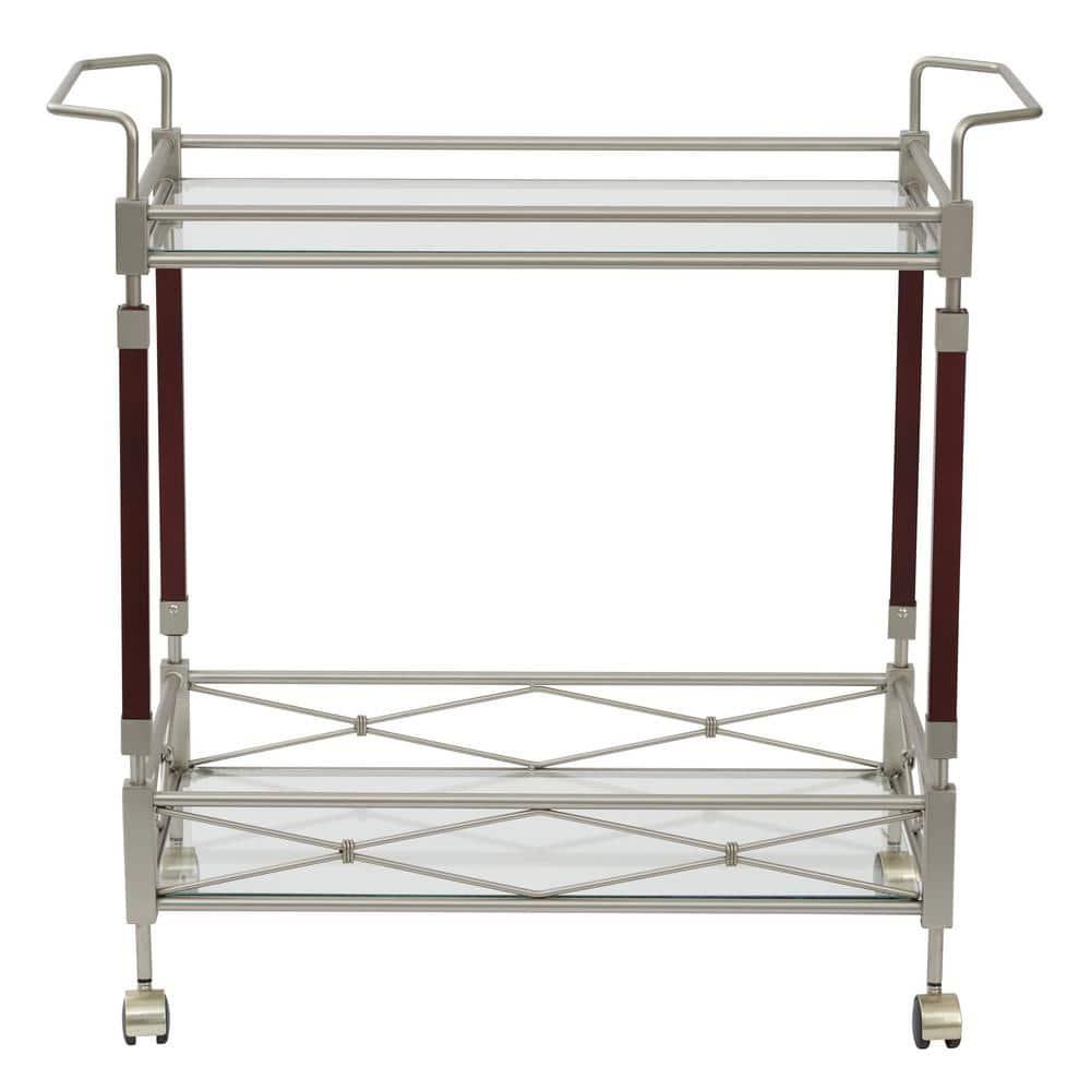 Melrose Serving Cart with Clear Tempered Glass and Nickel Brush Metal Frame