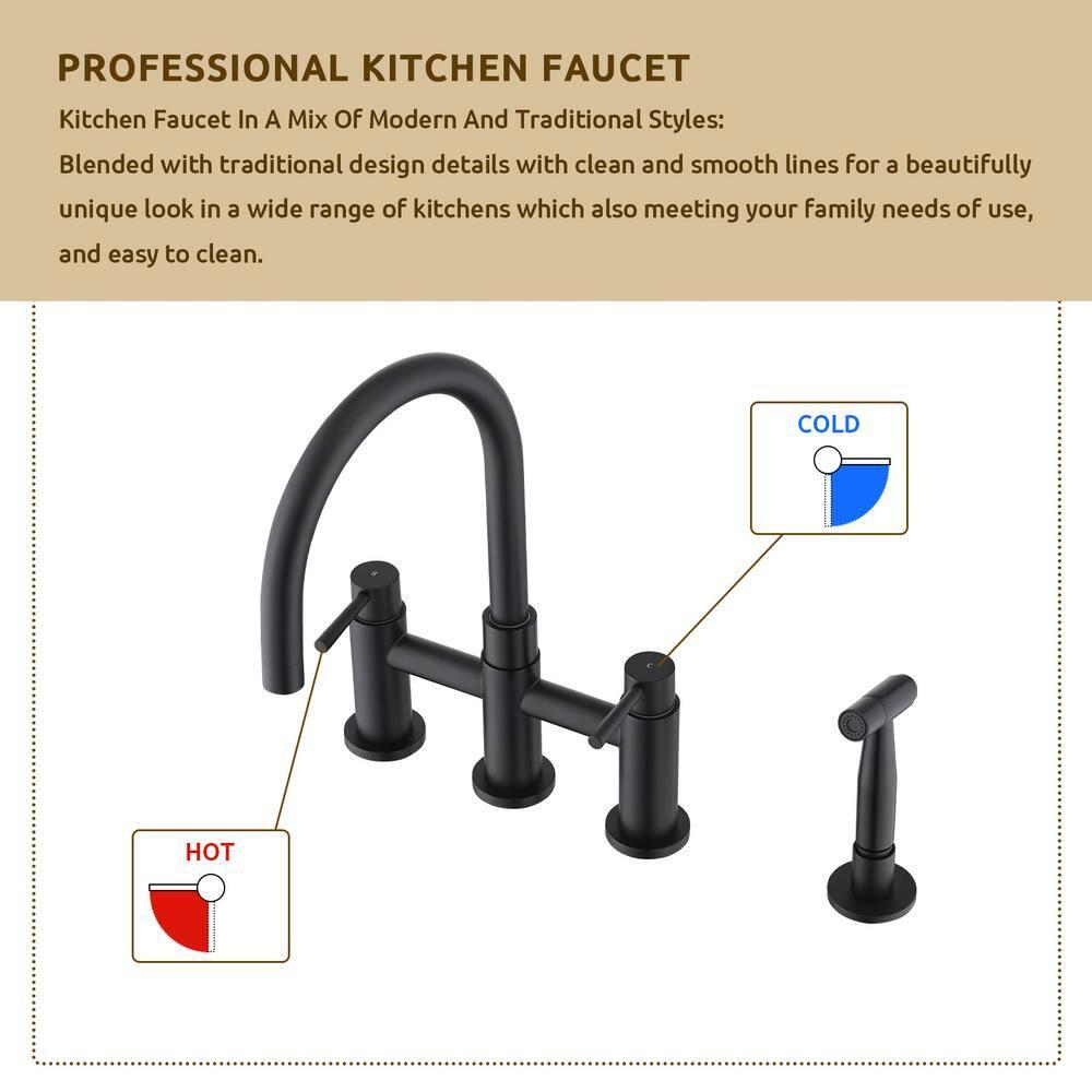 Double Handle Bridge Kitchen Faucet with Side Sprayer in Matte Black