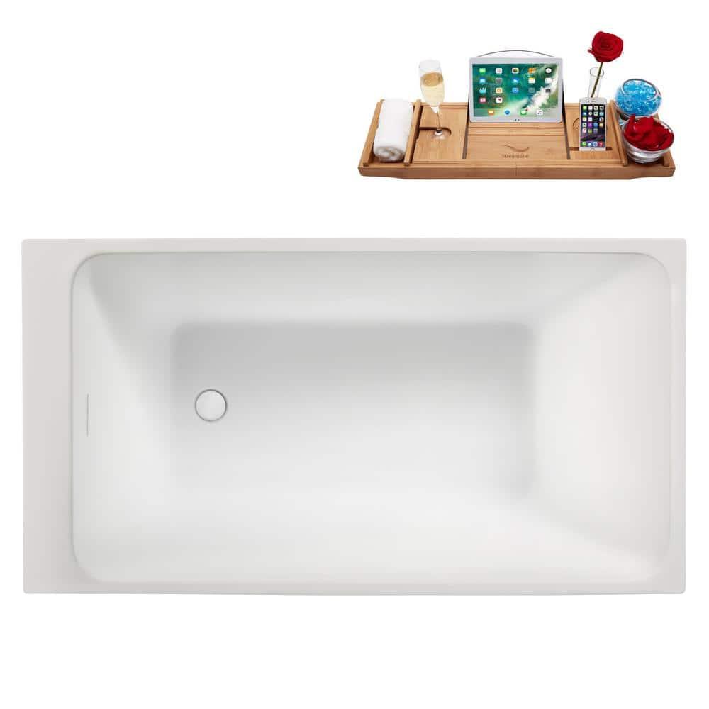 51" Streamline Soaking Glossy White Acrylic Freestanding Bathtub, Bamboo Tray, Drain